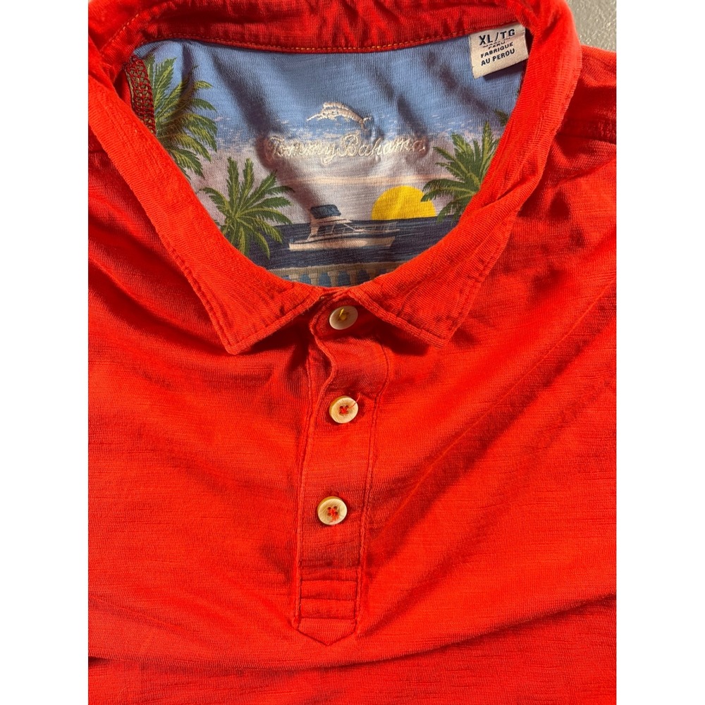 Tommy Bahama Polo Shirt Mens XL Red Short Sleeve Slub Knit Tropical Marlin Logo